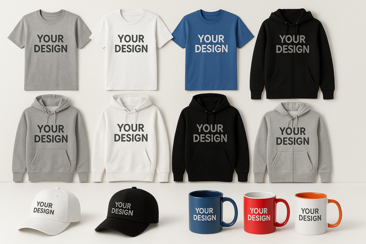 Customizable t-shirts, hoodies, hat, mug, all in one table