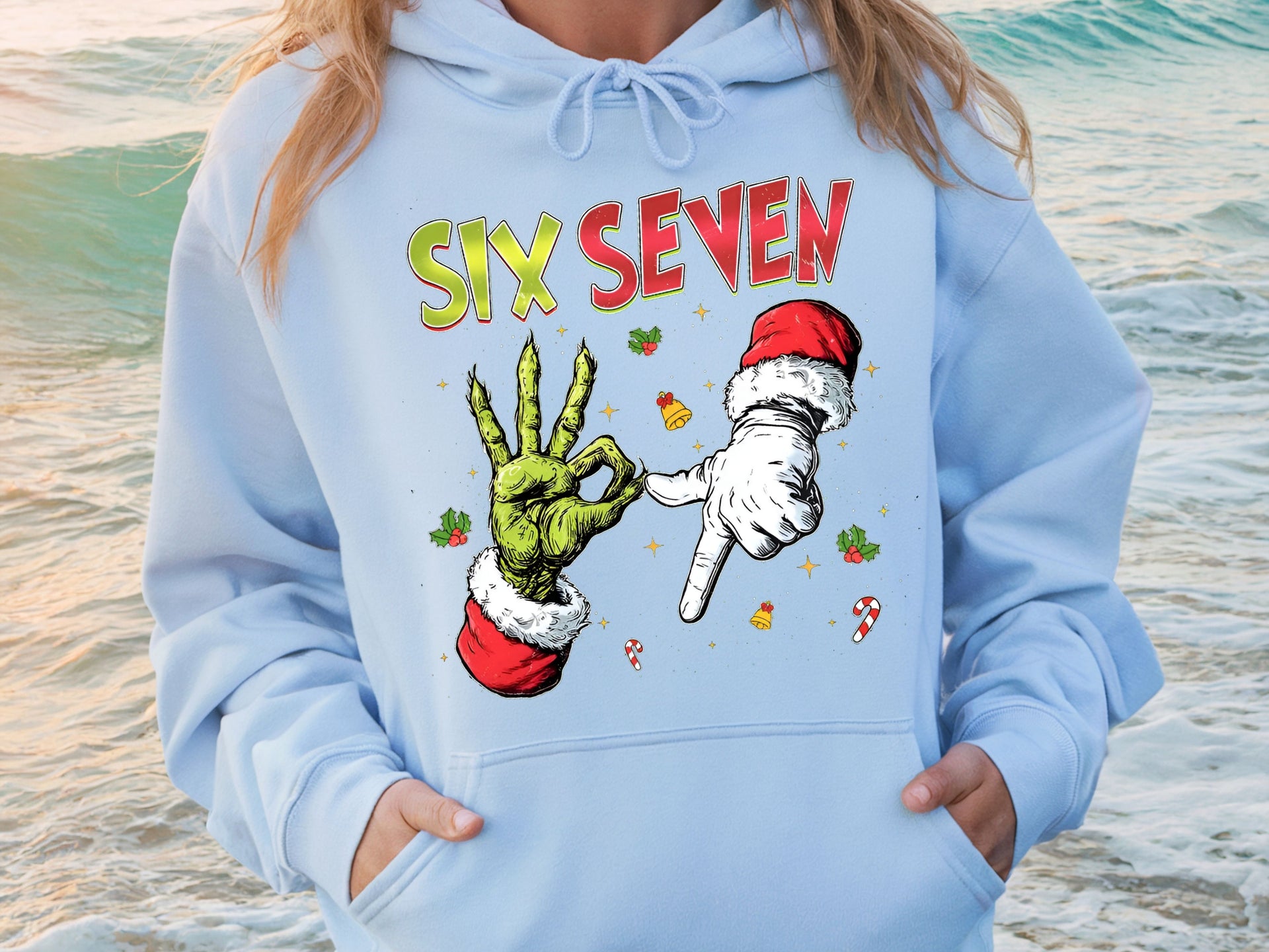 Six Seven Christmas Hoodie & Sweatshirt | Funny Grinch Santa Hands Pullover | Cool Holiday Outfit for Adults & Kids-7C038