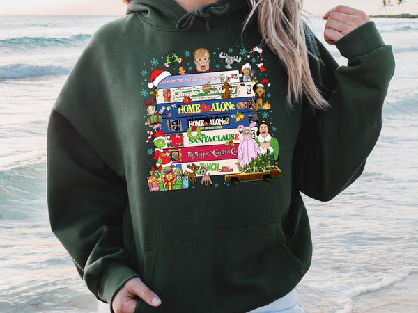 Christmas Movie Stack Hoodie & Sweatshirt | Classic Holiday Movie Night Pullover | Funny Christmas Outfit for Adults & Kids-7C030