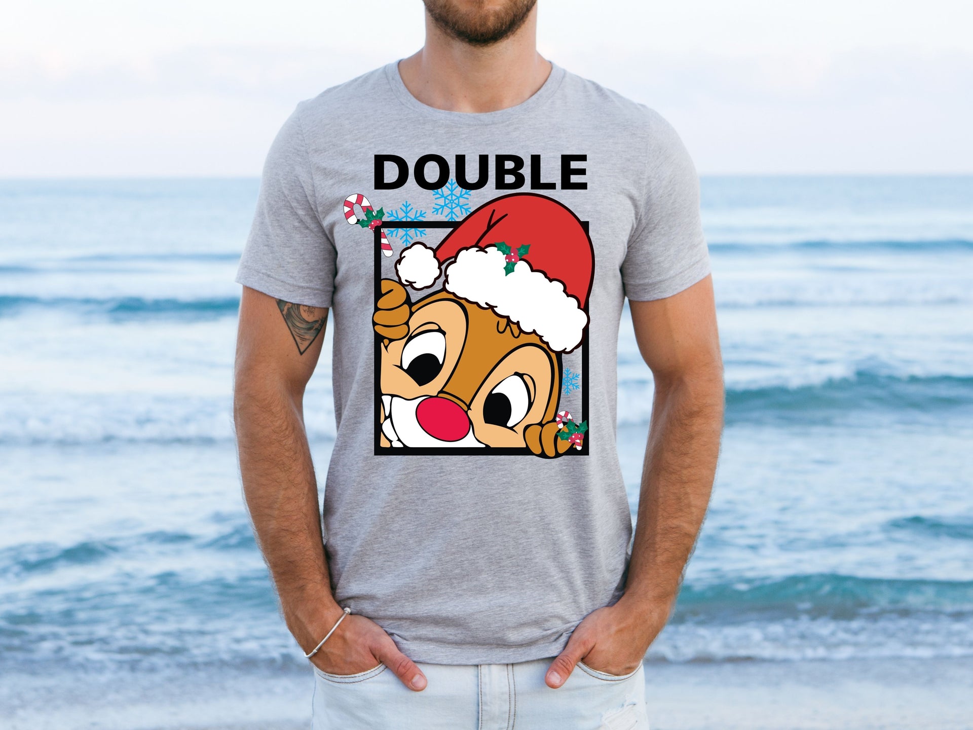 Christmas Chipmunk T-Shirt | Cute Holiday Cartoon Tee | Funny Santa Hat Peek Christmas Shirt-7C071