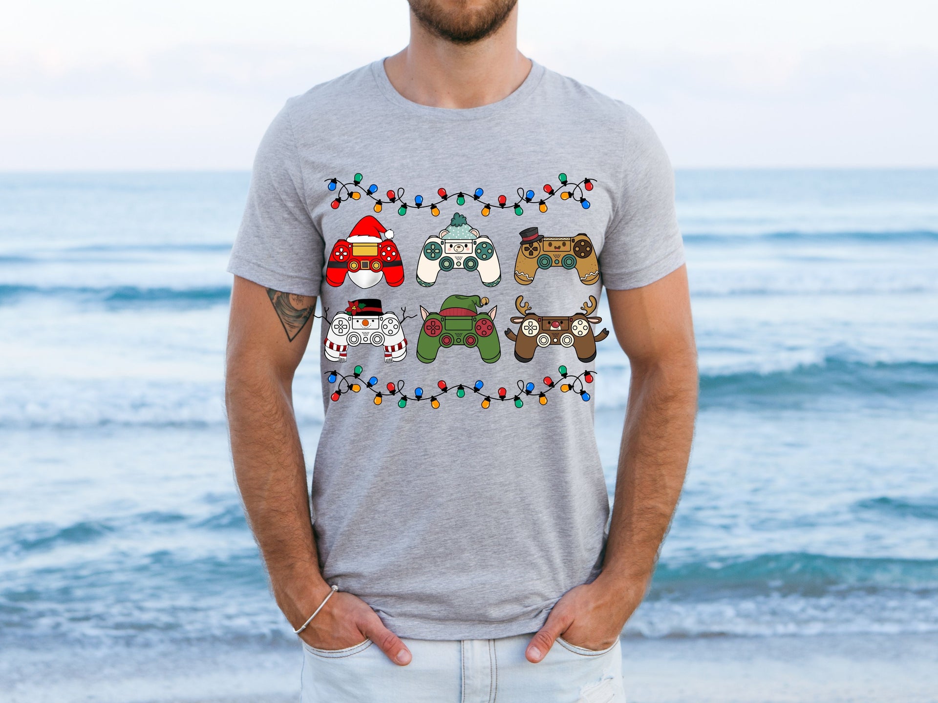 Gamer Christmas T-Shirt | Funny Holiday Gaming Tee | Santa Reindeer Elf Controller Design Shirt for Gamers-7C051