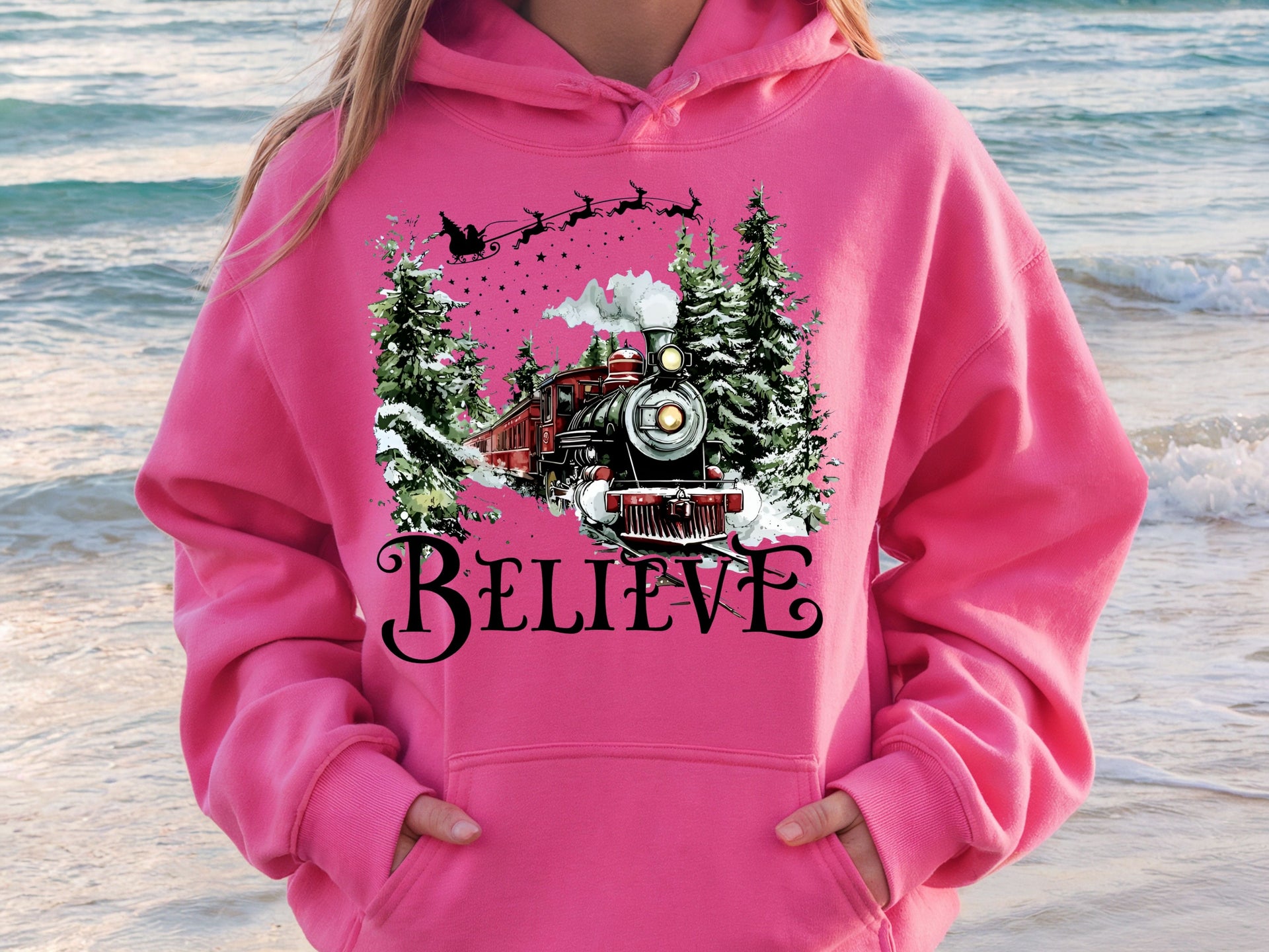 Believe Christmas Train Hoodie & Sweatshirt | Vintage Holiday Polar Express Pullover | Festive Winter Outfit for Adults & Kids-7C017