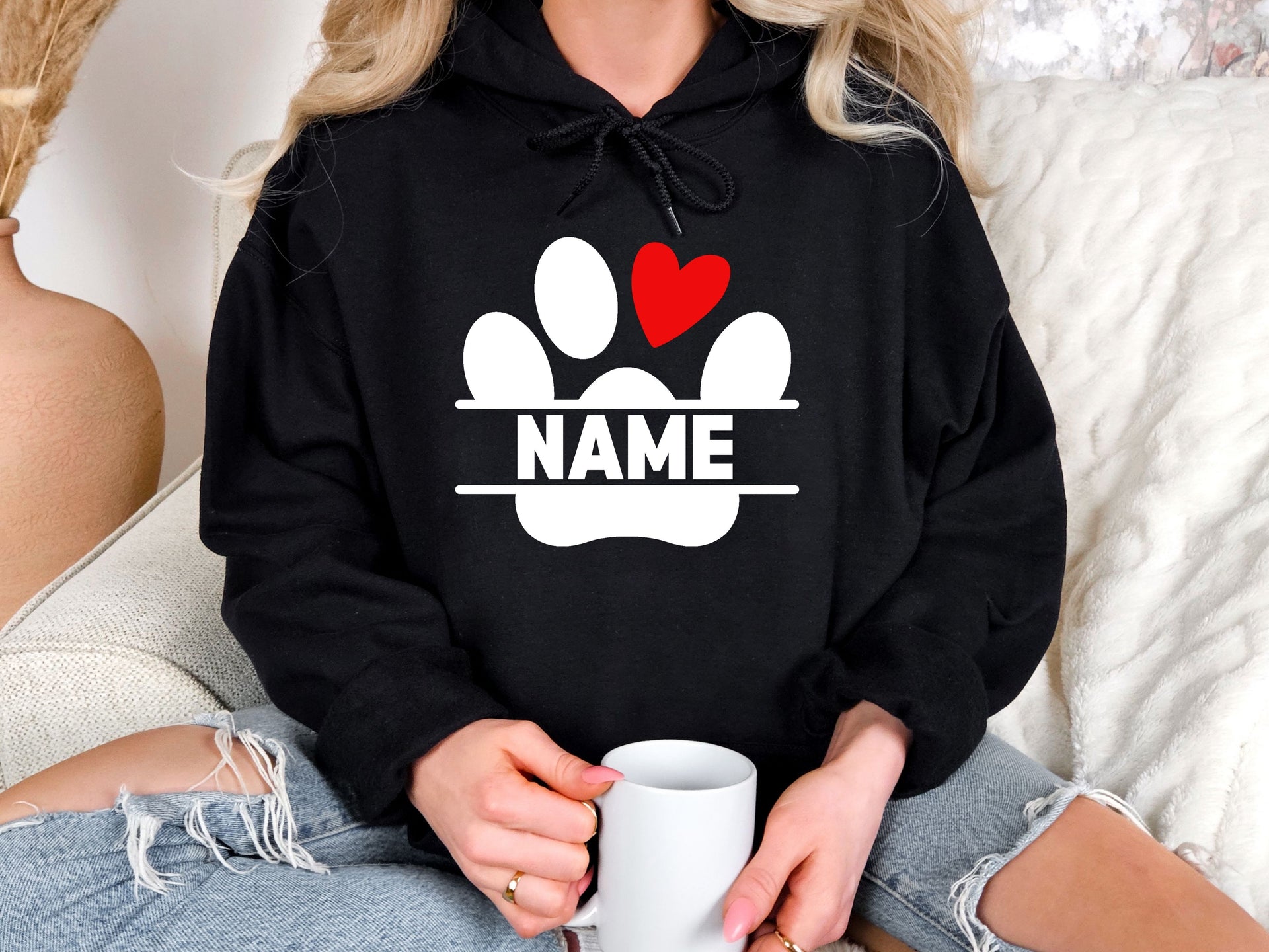 Custom Pet Name Sweatshirt & Hoodie | Personalized Paw Print with Heart Pullover | Unisex Adult, Youth, Toddler Sizes | Dog Mom Gift | Pet Lover Outfit-P001