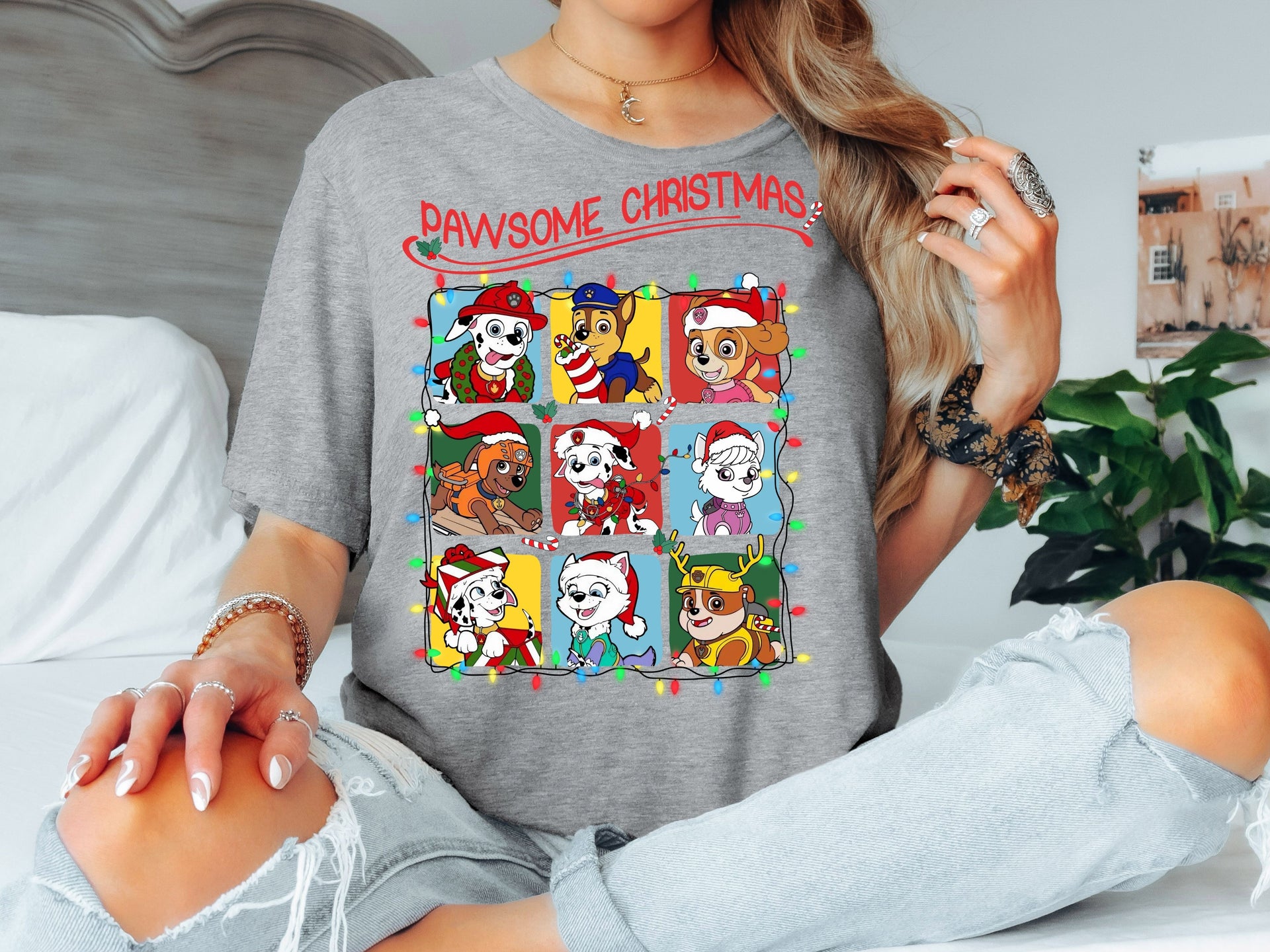 Pawsome Christmas T-Shirt | Cute Dog Cartoon Holiday Tee | Fun Christmas Shirt for Kids & Family-7C054