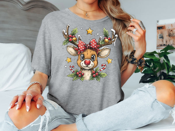 Cute Christmas Reindeer T-Shirt | Rudolph Style Holiday Tee | Festive Family Matching Christmas Shirt for Adults & Kids-7C039