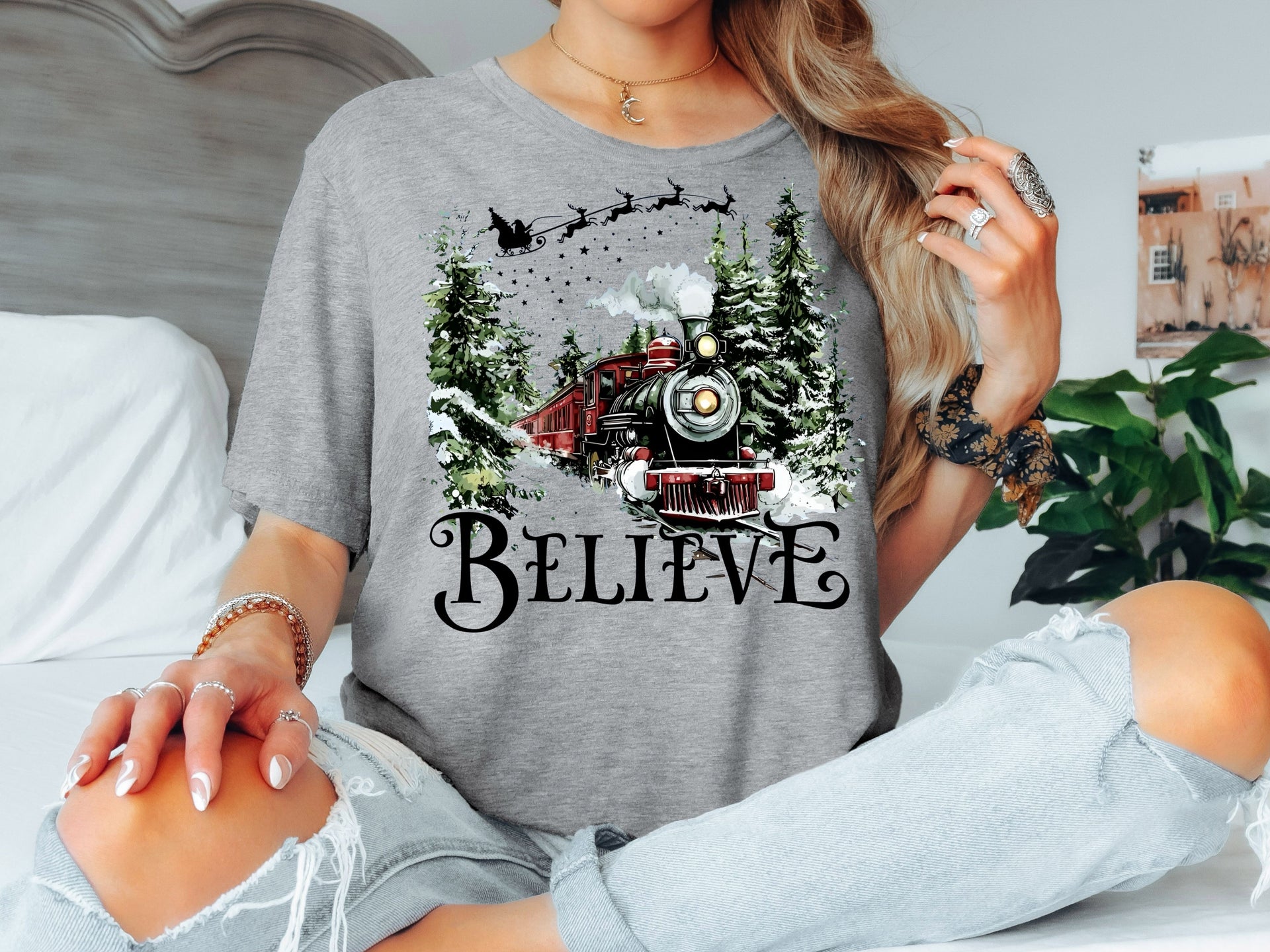 Believe Christmas Train T-Shirt | Vintage Holiday Polar Express Tee | Classic Christmas Shirt for Adults & Kids-7C017