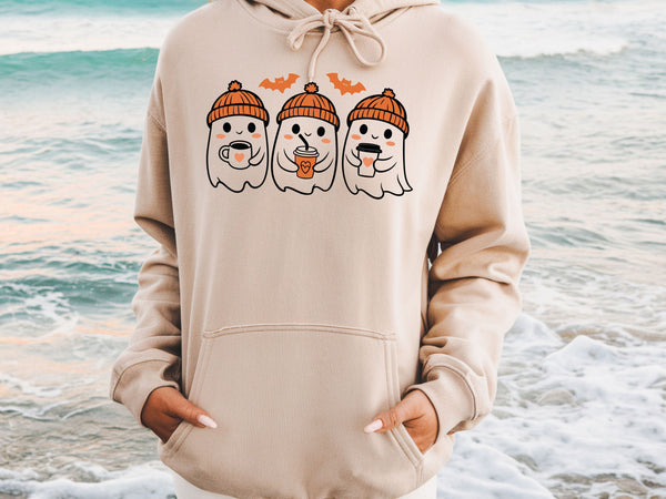 Cute Ghost Coffee Halloween Sweatshirt & Hoodie | Unisex Adult, Youth, Toddler Sizes | Cozy Fall Spooky Season Pullover | Ghost Lover Gift-70016