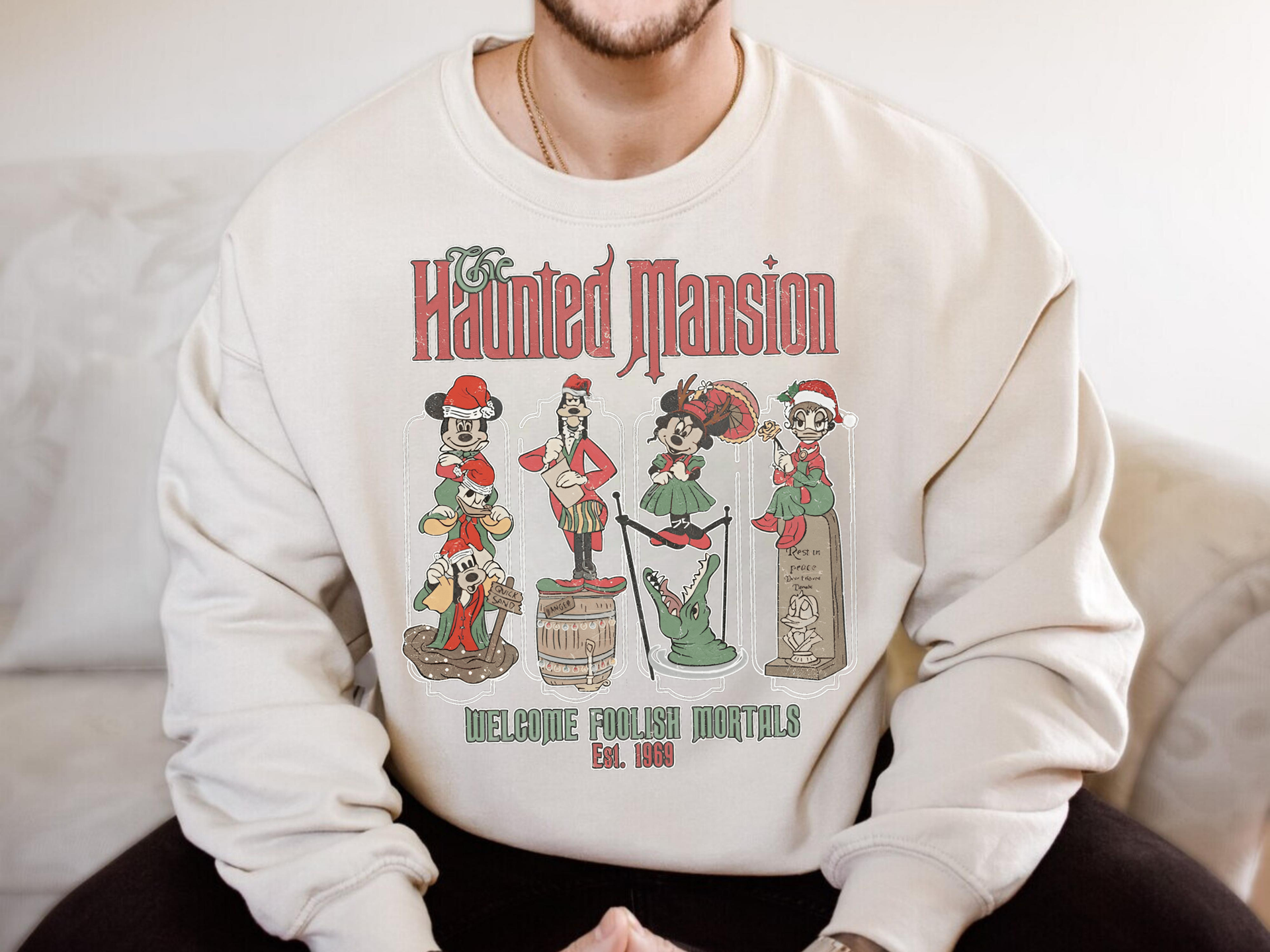 The Haunted Mansion Christmas Hoodie & Sweatshirt | Disney Style Holiday Crewneck | Welcome Foolish Mortals Christmas Outfit for Adults & Kids-7C007