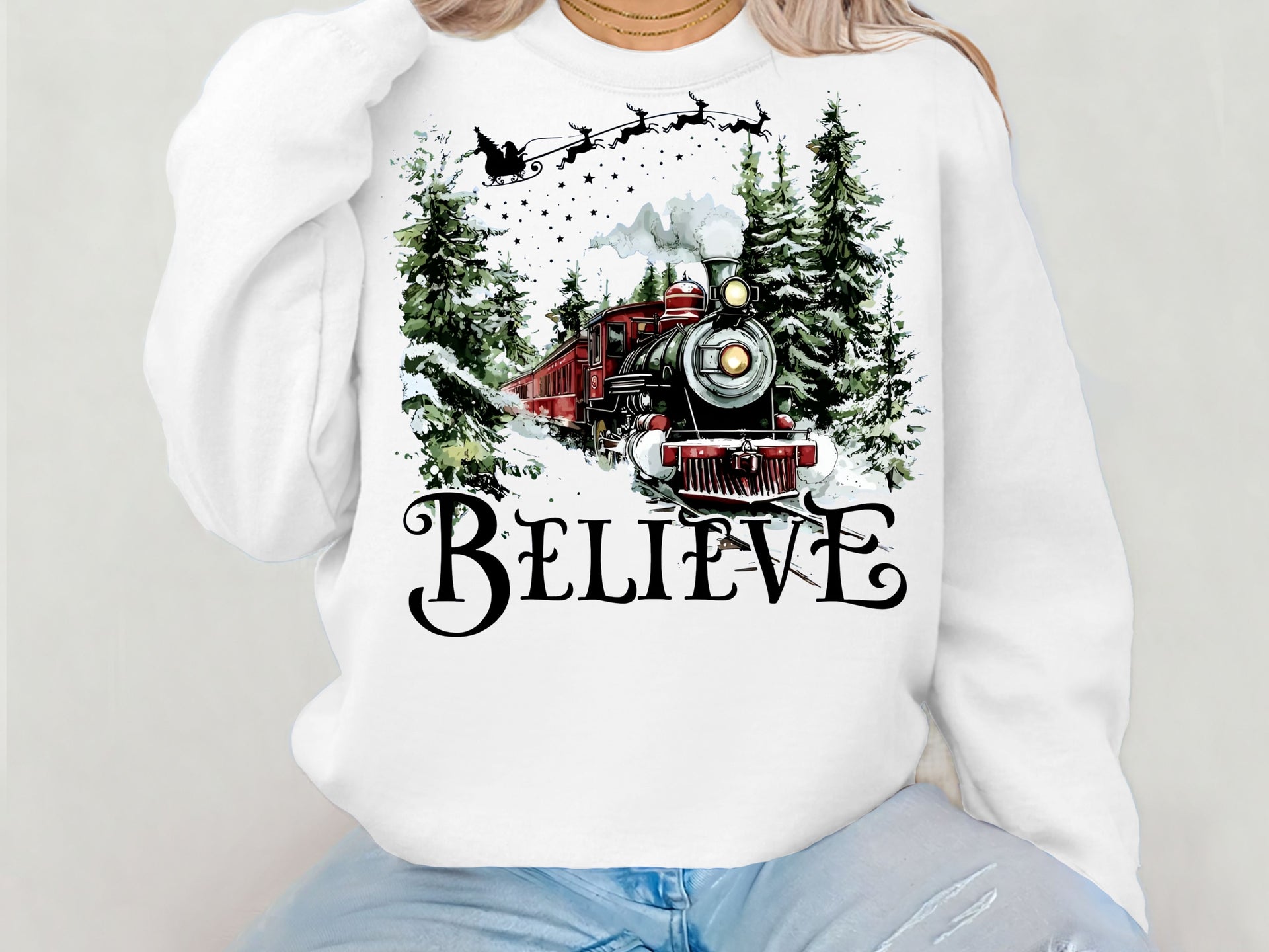 Believe Christmas Train Hoodie & Sweatshirt | Vintage Holiday Polar Express Pullover | Festive Winter Outfit for Adults & Kids-7C017