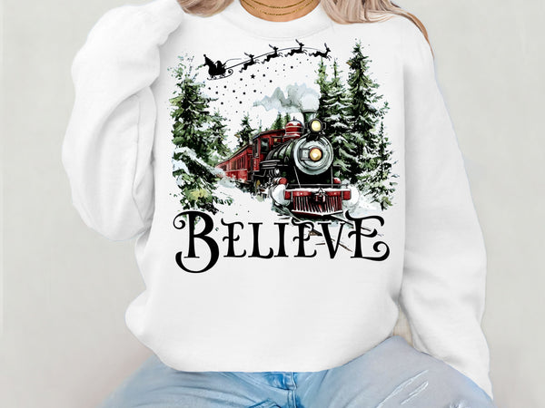 Believe Christmas Train Hoodie & Sweatshirt | Vintage Holiday Polar Express Pullover | Festive Winter Outfit for Adults & Kids-7C017