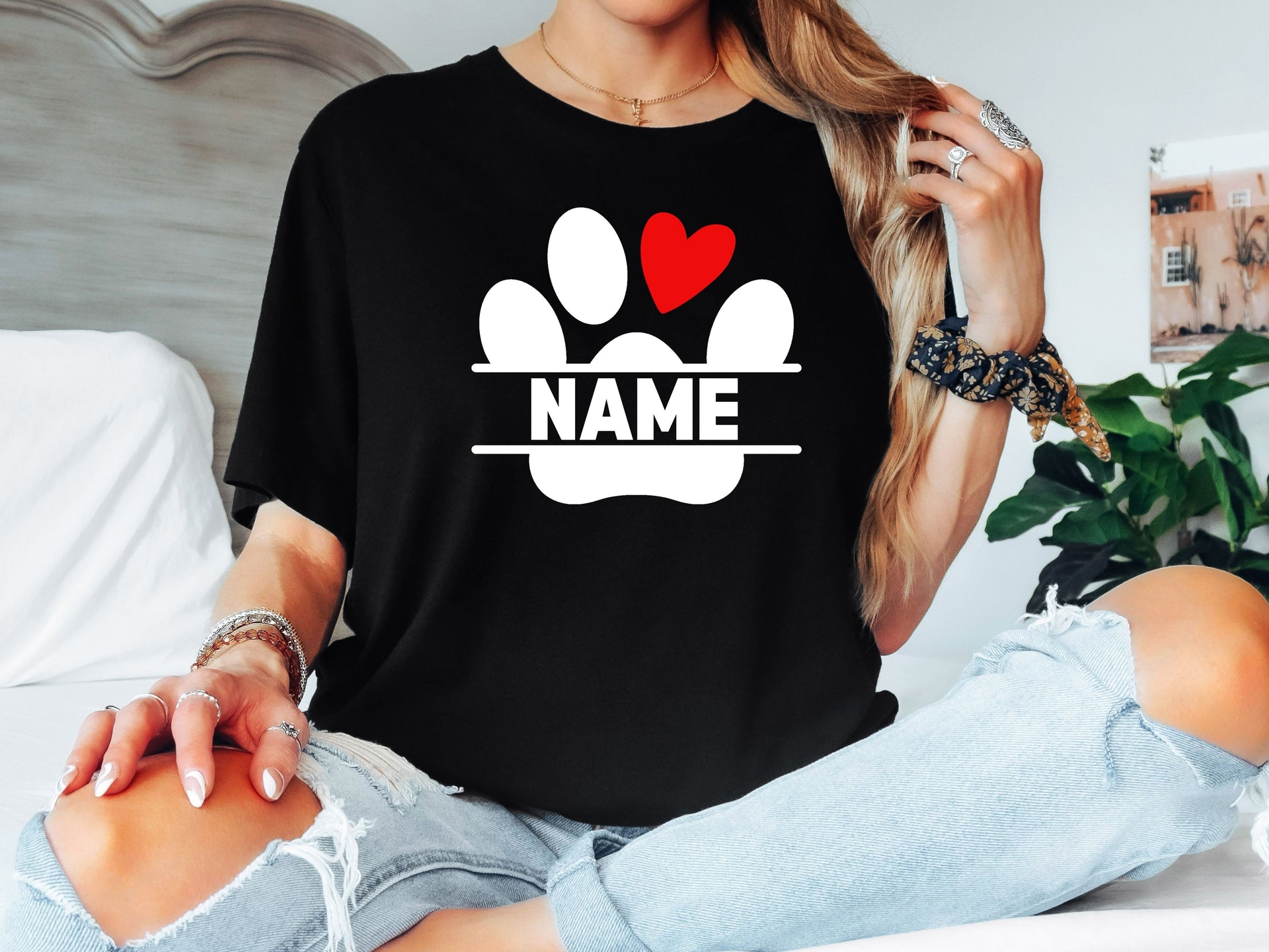 Custom Pet Name Shirt | Personalized Paw Print T-Shirt with Heart | Unisex & Women Adult, Youth, Toddler, Baby Shirt & Unisex Bodysuit | Dog Mom Gift-P001