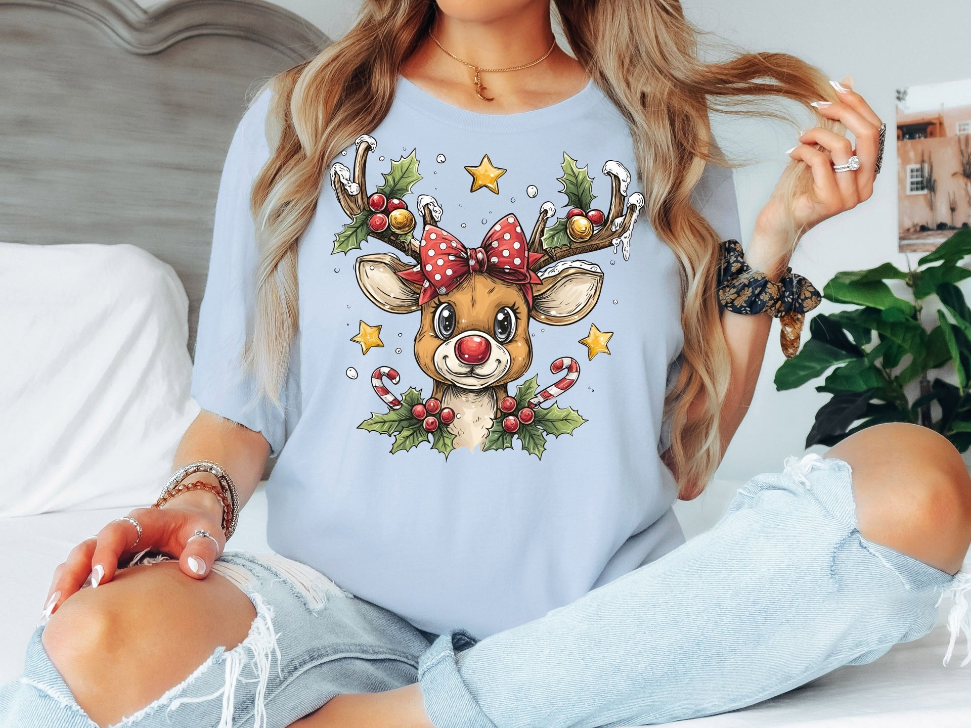 Cute Christmas Reindeer T-Shirt | Rudolph Style Holiday Tee | Festive Family Matching Christmas Shirt for Adults & Kids-7C039
