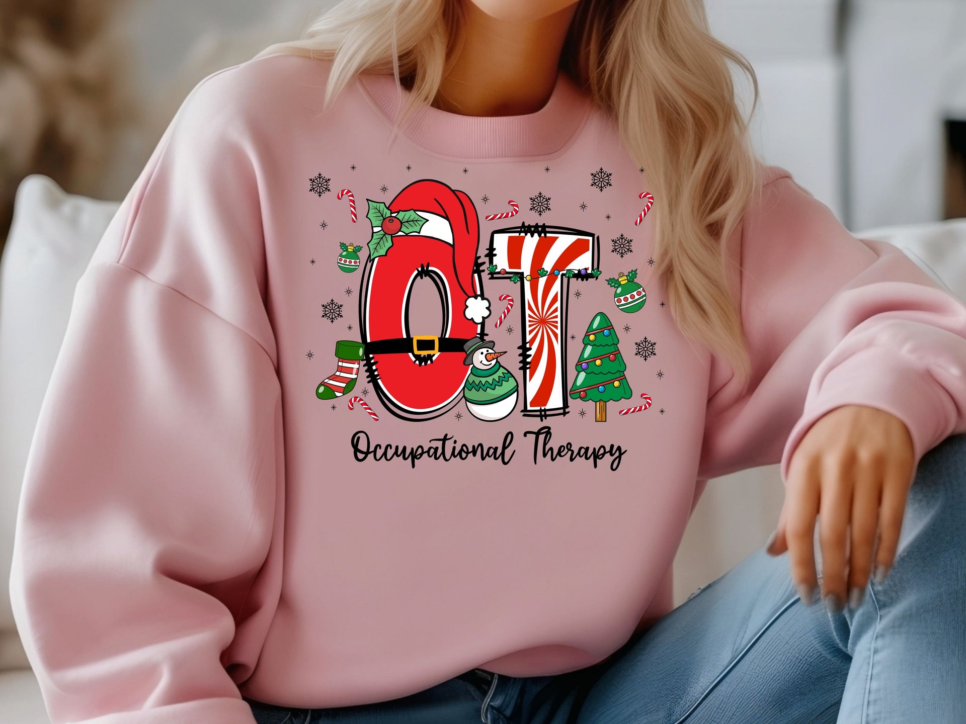 Christmas OT Hoodie & Sweatshirt | Cute Occupational Therapist Holiday Pullover | Festive Santa Tree Candy Design-7C057