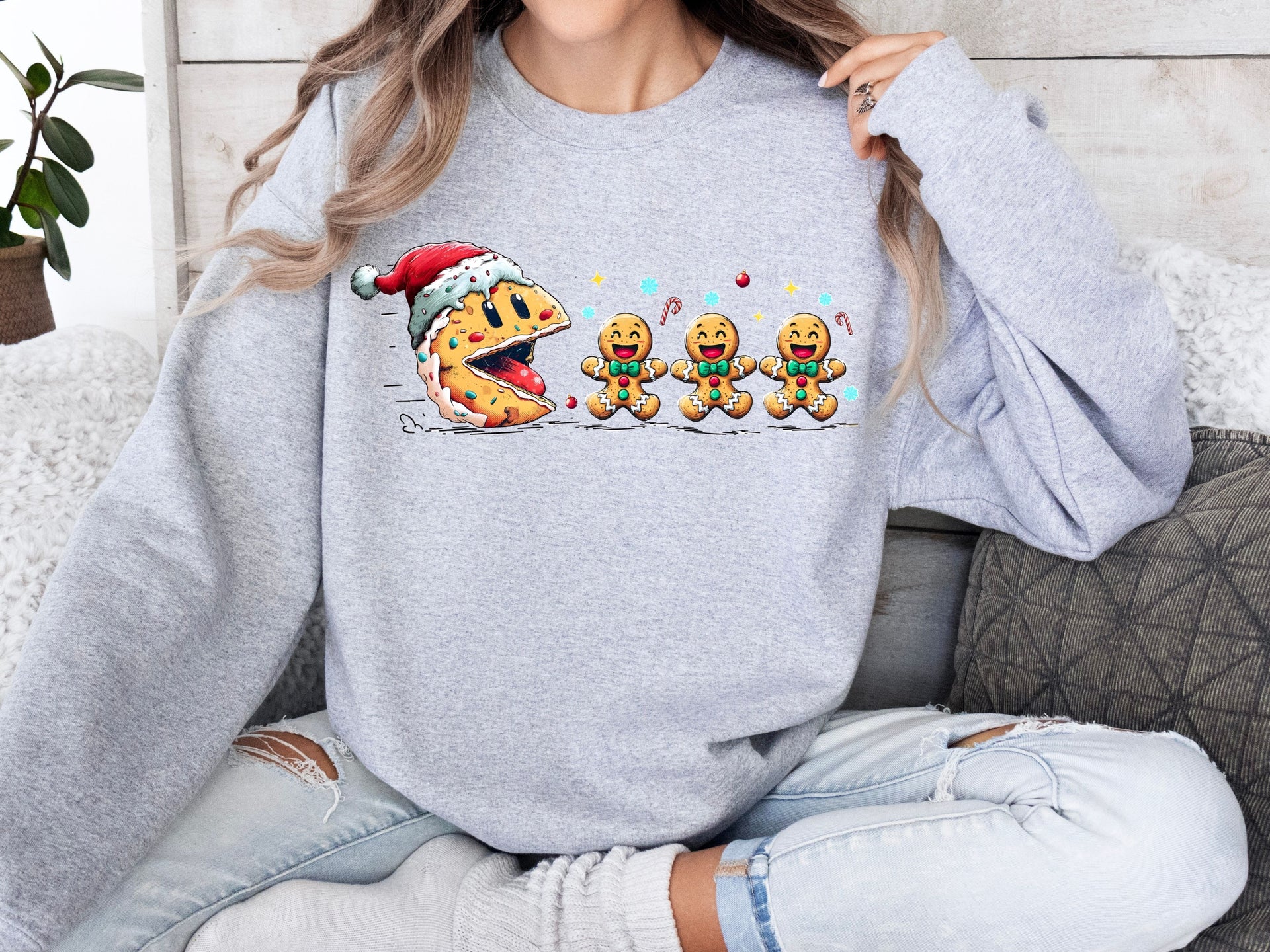 Funny Christmas Cookie Hoodie & Sweatshirt | Pac-Man Gingerbread Holiday Pullover | Cute Gamer Christmas Gift-7C069
