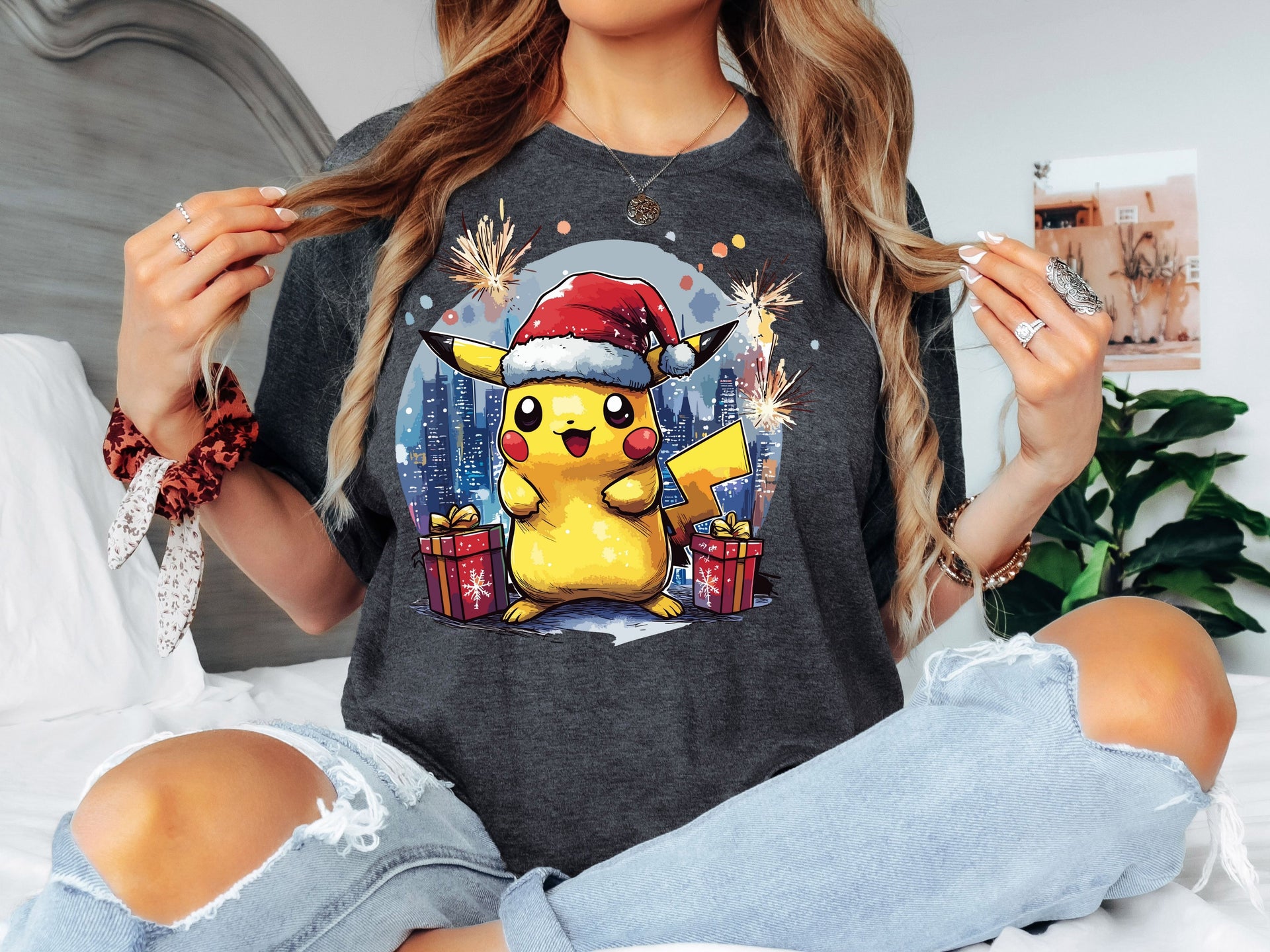 Pikachu Christmas T-Shirt | Cute Holiday Anime Tee | Pokémon Santa Hat Christmas Shirt-7C066