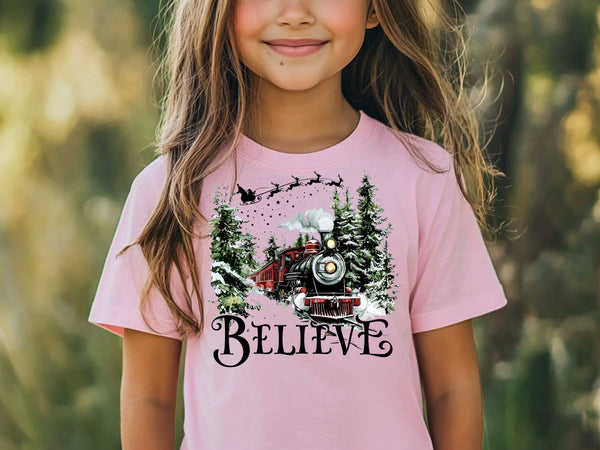 Believe Christmas Train T-Shirt | Vintage Holiday Polar Express Tee | Classic Christmas Shirt for Adults & Kids-7C017