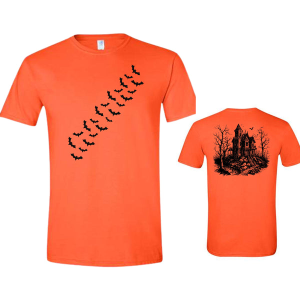 Haunted House Bats Halloween Shirt | Unisex & Women Adult T-Shirt | Youth, Toddler, Baby Tee & Unisex Bodysuit | Spooky Orange Fall Graphic Tee-70023