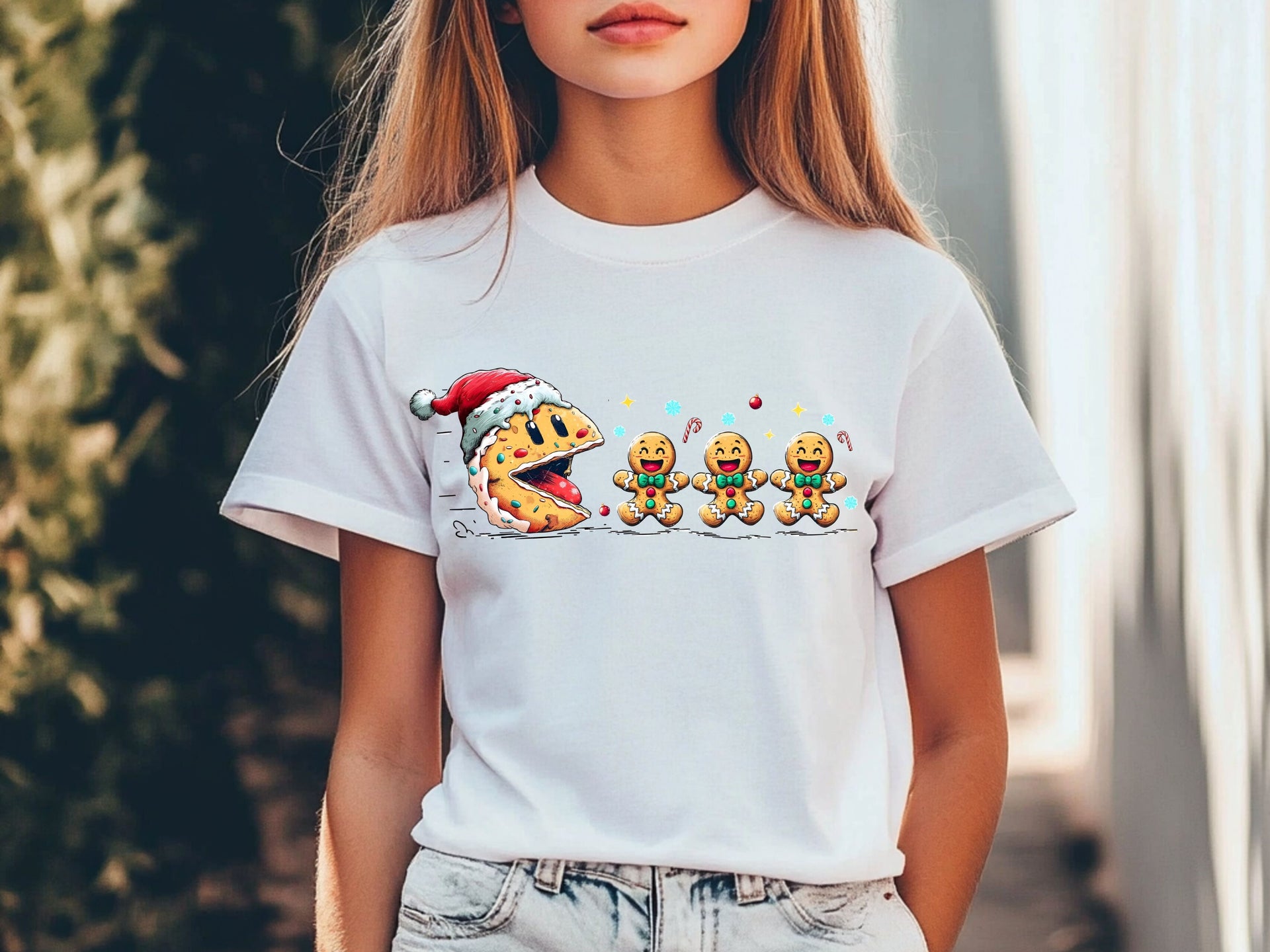 Pac-Man Christmas T-Shirt | Funny Gingerbread Cookie Tee | Gamer Holiday Shirt | Cute Christmas Gift Idea-7C069