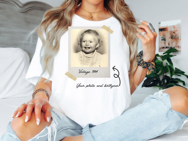 Vintage Baby Photo Shirt | Custom Polaroid Style T-Shirt | Unisex & Women Adult, Youth, Toddler, Baby Shirt & Unisex Bodysuit | Personalized Family Gift-HK002